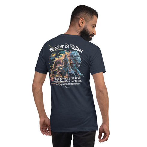 Be Sober Be Vigilant Lion (Back) Christian Bible Verse T-Shirt